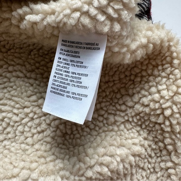 American Eagle Men’s Sherpa Shacket Red Orange Black Gray Striped Size M EUC - Picture 5 of 10